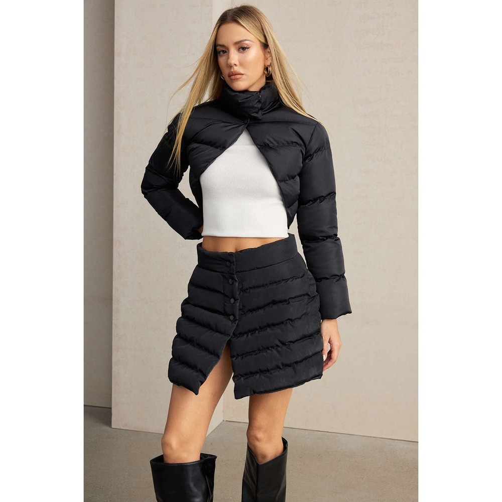 Micas Solid Button Up Puffer Mini Skirt Black siz… - image 2
